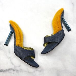 Giuseppe Zanotti Vicini Vintage Rare Mink Fur Glitter Denim Mule Slide Heels 39